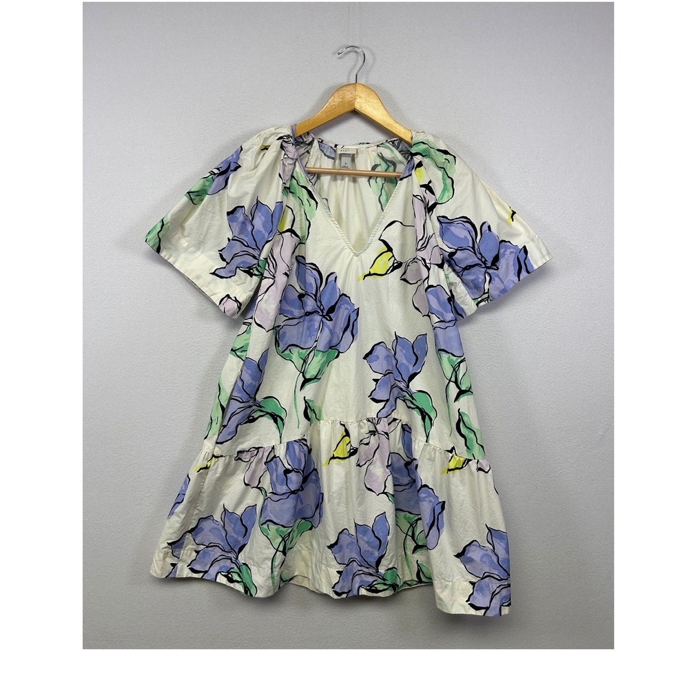 Cottagecore A New‎ Day Womens Small White Purple Floral Tiered Poplin Mini Dress